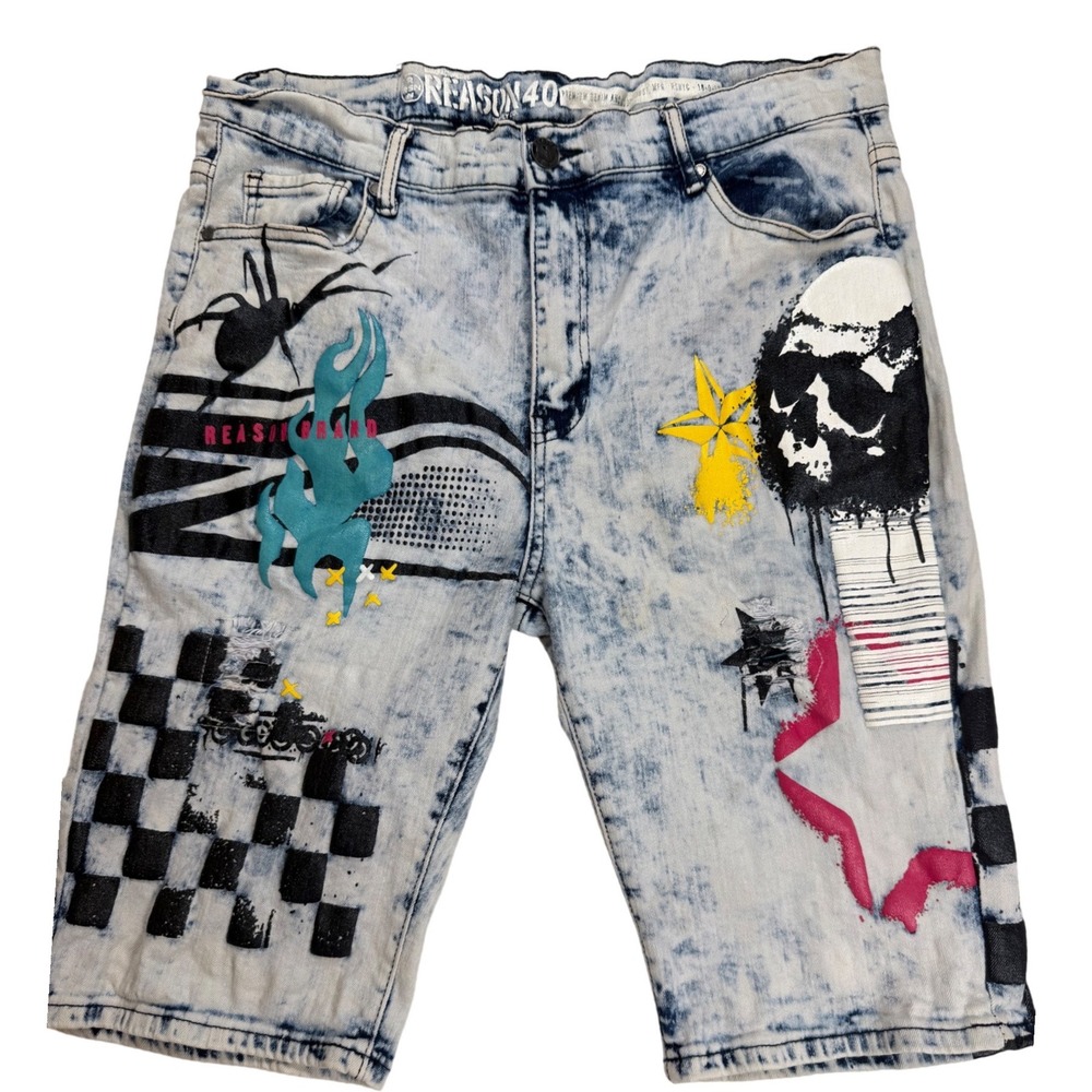 Reason New York Mens Acid Wash Denim Shorts Size 40 Skull Street Grunge Cybet